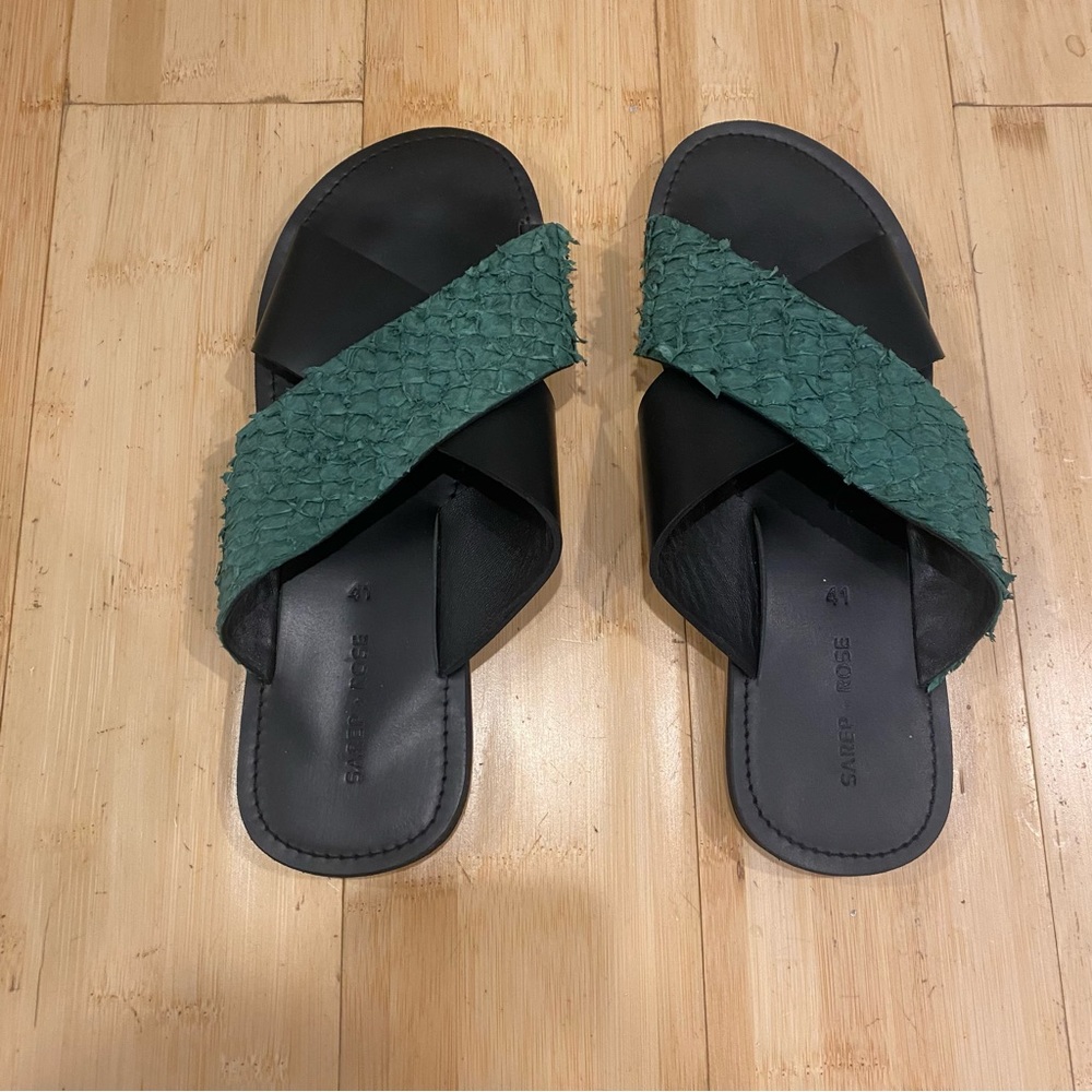 Sarep + Rose Green Fishskin Leather Sandals